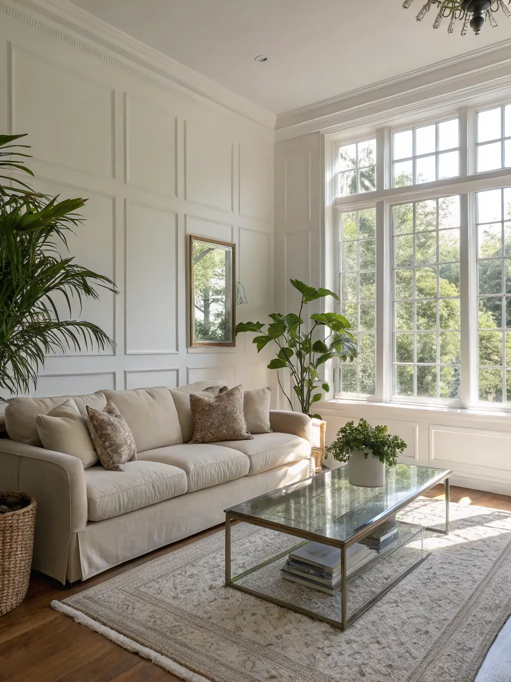 A brightly lit, spotless living room with sunlight streaming through the windows, showcasing a freshly cleaned home environment, suitable for Boholte Cleaning's website.
